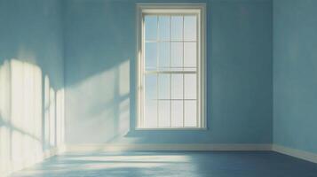 Sunlight streams into a light blue room through a window, casting shadows on the wall and floor in a serene and calming atmosphere. photo