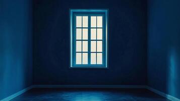 A minimalist room bathed in cool blue tones, with a single window providing soft, ethereal light. Quiet, contemplative space. photo