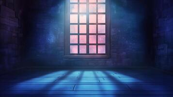 An old room is illuminated by light from a grid window. The walls are stone and floor is wood, which allows the light to illuminate the space. photo