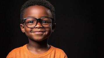 Young boy with a charming smile and glasses, set against a plain dark background. His warm expression radiates joy and innocence. photo