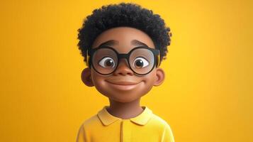 A charming digital portrait of a young boy with glasses set against a cheerful yellow backdrop, radiating warmth and a playful innocence. photo