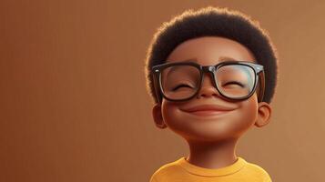 Joyful cartoon child with glasses, set against a warm background. Radiating happiness with eyes closed and cheerful smile. photo