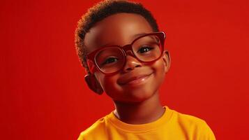 A smiling boy with red glasses and a yellow shirt stands against a red background, radiating joy and intelligence with a slight tilt of the head. photo