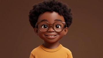 Animated portrait of a young boy with an afro, wearing glasses, against a solid brown backdrop. His pleasant smile is captivating. photo