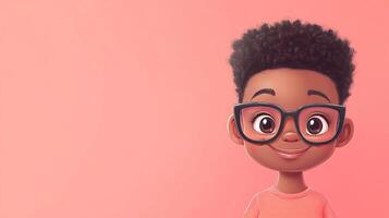 Cartoon boy with glasses on a pink background. Rendered with smooth lines. Could be used for education, health, or fun themes. photo