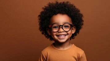Smiling young child with afro hair and glasses posing in front of a simple brown background. Studio shot of a happy child. photo