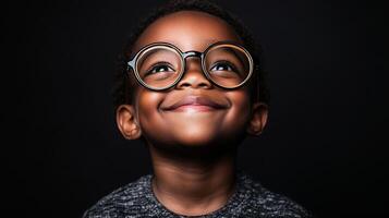 Boy with glasses looking upward with a wide smile expressing joy, hope and optimism. Adorable kid. Studio lighting, against dark background. photo