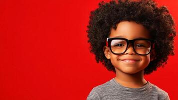 Smiling young child with an afro wearing glasses, standing against a bright red background. Headshot, face forward, with copy space. photo