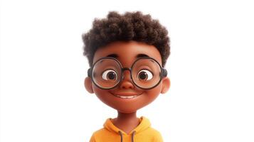 Smiling young boy with glasses and curly hair. Expressive face with cartoon like features. Cheerful vibe on plain background. photo