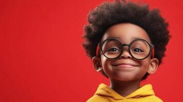 Smiling child with afro and glasses. A happy and bright image, perfect for capturing a sense of joy, childhood and intellectual growth. photo