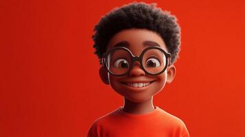 Animated character portrait with a wide smile, round glasses, and afro hairstyle in front of a vibrant red background. photo