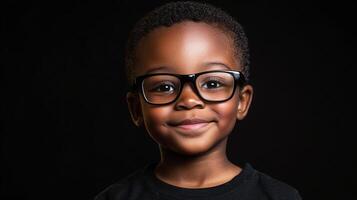 Portrait of a young boy with glasses smiling confidently in front of a dark background, looking directly at the camera. photo