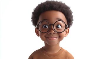 Boy with round glasses against a bright background. He's got a big smile and looks directly at the camera in this portrait. photo