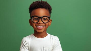 Smiling young boy wearing glasses against green background. He is looking at the camera with happy and friendly expression. photo