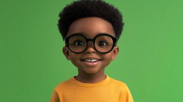 Charming young boy with round glasses and afro hair smiling against a vibrant green background. Bright, cheerful, and full of character. photo