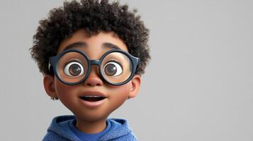 Cartoon rendering of a young boy with afro hair, wearing blue glasses, with an excited expression against a plain grey backdrop. photo
