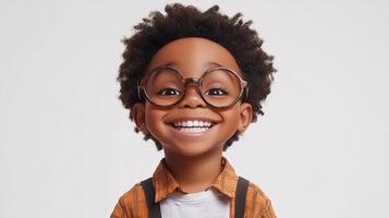 Cheerful young boy with round glasses giving a bright smile. He is wearing a plaid shirt and suspenders with a white background. photo