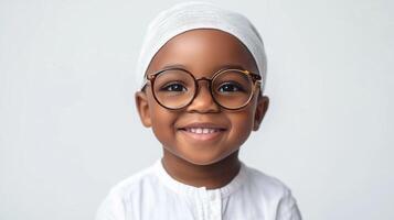 Portrait of smiling young boy with cap and glasses. Optimistic child in white shirt with happy expression against white background. photo