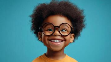 A cheerful young boy with an afro and round glasses flashes a bright smile, set against a vibrant blue backdrop, radiating positive energy. photo