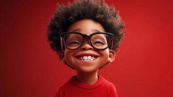 A happy, young boy with an afro and glasses smiles widely against a vibrant red background, radiating warmth and innocence. photo
