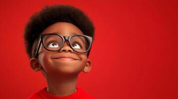 A young boy with glasses looks upwards with a smile, set against a bright red backdrop, exuding innocence and optimism. photo