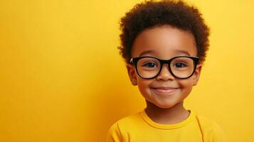 Smiling young boy with glasses. Portrait of an adorable, stylish child with a happy expression on yellow background. photo