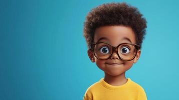 Cartoon boy with glasses looking happy, standing against a cyan background with a cute smile and curly hair, adorable character concept photo