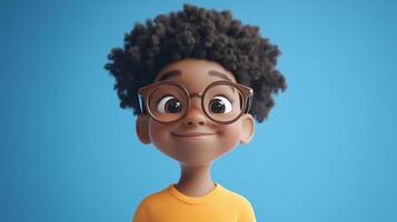 Charming 3D Cartoon Character with glasses. Joyful expression against a vibrant blue backdrop. Cartoon kid with afro and glasses smiling photo
