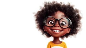 A cheerful cartoon girl with glasses and an afro smiles brightly against a plain white background, creating a joyful and vibrant image. photo