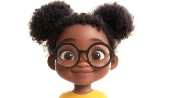 Cute animated character portrait of a girl with glasses and afro puffs smiling on a bright white background in a digital render. photo