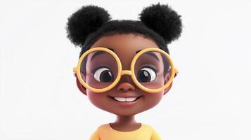 Cartoon character of a smiling girl with round glasses and afro puffs, set against a plain white backdrop. Cute and cheerful design. photo