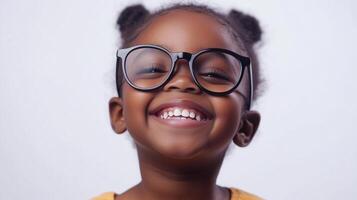 Smiling child wearing glasses. Happy expression with a bright smile showing teeth. Light background, joyful and full of childhood innocence. photo