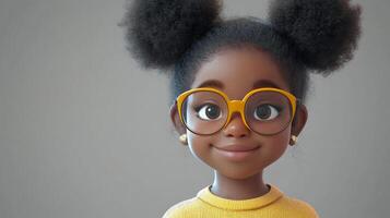 Cartoon rendering of a girl with afro puffs and golden glasses, wearing a yellow sweater and gold earrings on a neutral background. photo
