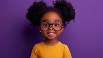 Adorable Child Smiling. Her hair is styled in two fluffy puffs, smiling warmly, wearing a yellow t-shirt and round glasses against a purple backdrop. photo