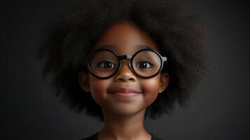 Portrait of a young girl with natural hair and round eyeglasses, smiling gently against a solid, dark gray backdrop. photo