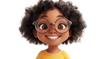 Charming 3D character portrait of a young girl with curly hair and glasses, radiating a joyful and friendly demeanor. She is smiling. photo