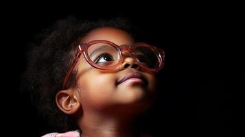Child wearing round, translucent glasses looks upward with wonder, illuminated against a dark background, showcasing innocence and curiosity. photo