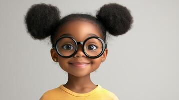 Portrait of a cheerful girl with afro puffs and big glasses, smiling brightly against a simple gray background. Adorable and captivating. photo