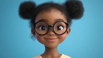A delightful close-up of a young girl with a warm smile, stylish glasses, and a charming hairstyle against a bright blue background. photo