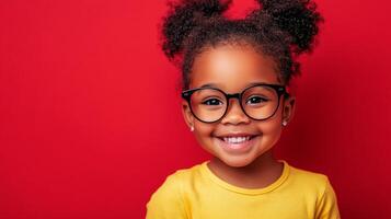 Smiling young girl with glasses. Cheerful expression and smart look against a red background. Child expressing happiness and joy. photo