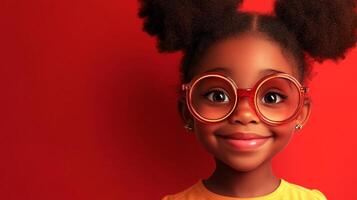 Smiling young girl with afro puffs and glasses stands against a solid red background, radiating youthful joy and charm in a close-up portrait. photo