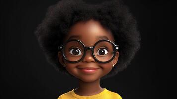 A charming, stylized young girl with large, round glasses exudes joy and innocence against a stark black background, wearing a yellow shirt. photo