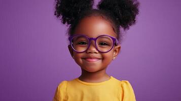 A darling child smiles, showcasing round glasses and a yellow top against a purple background, radiating charm and childhood innocence. photo