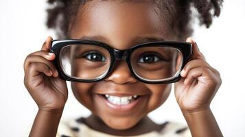 Smiling child holding oversized glasses up to their face, with a cheerful expression and bright white background. photo