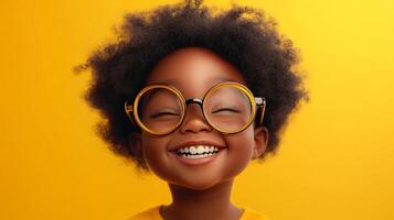 A young child smiles brightly with closed eyes, wearing round glasses against a vibrant yellow backdrop. Radiating pure joy and innocence. photo