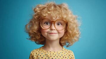 Close-up portrait of a curly-haired child with big glasses against a blue background, exuding youthful charm and curiosity. photo