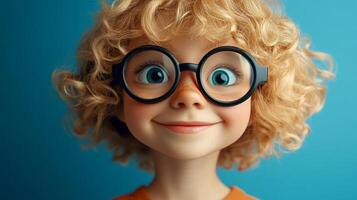 A curious young person with blond curls and large, expressive eyes peers out from behind oversized round spectacles with a charming smile. photo