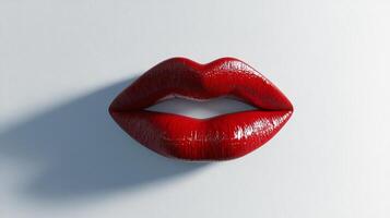 Glossy red lips centered on a neutral background, casting a soft shadow. Focus on color and texture for beauty and fashion concepts. photo