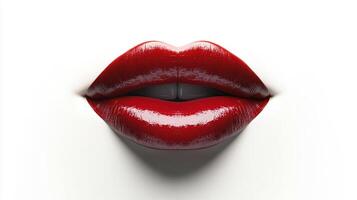 Close-up of vibrant red lips, glossy and full. Isolated on a stark white background, the lips are a focal point of beauty and allure. photo
