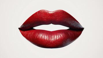 Close-up studio shot of full, sensuous lips coated in rich, dark red lipstick. The glossy texture and defined shape accentuate their allure. photo